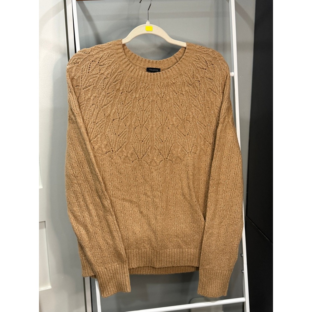 Talbots Womens L Camel Tan Metallic Pointelle Yoke Ribbed Knit Crewneck Sweater